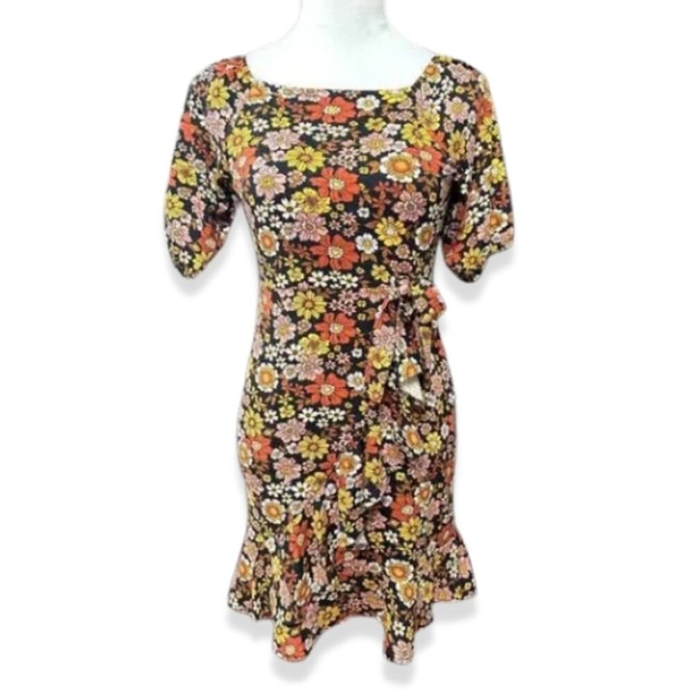 Rare Editions Floral Dress Short Sleeve Ruffle Hem Back Zip Multi Girls 14 NWOT